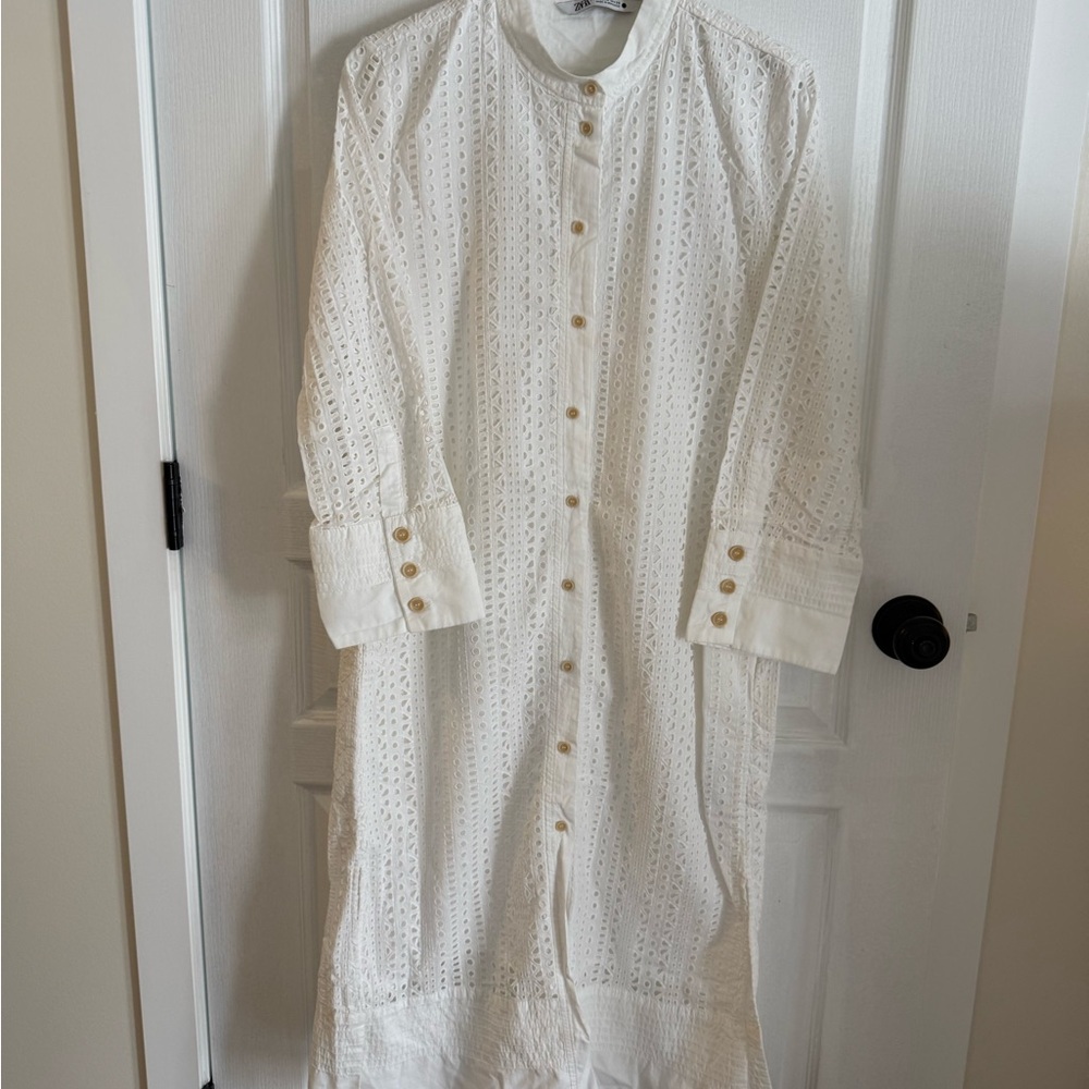 Zara White Eyelet Button-Up Maxi Dress